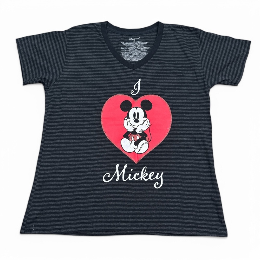 Disney Store Mickey Mouse Tee Shirt Top Womens Size XL‎ Heart Logo Striped
